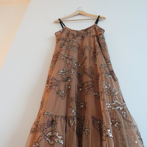 BY ANTHROPOLOGIE Sequined Tulle Midi Dress in Tan Peach Tiered Boho - Size S NWT - Picture 11 of 16